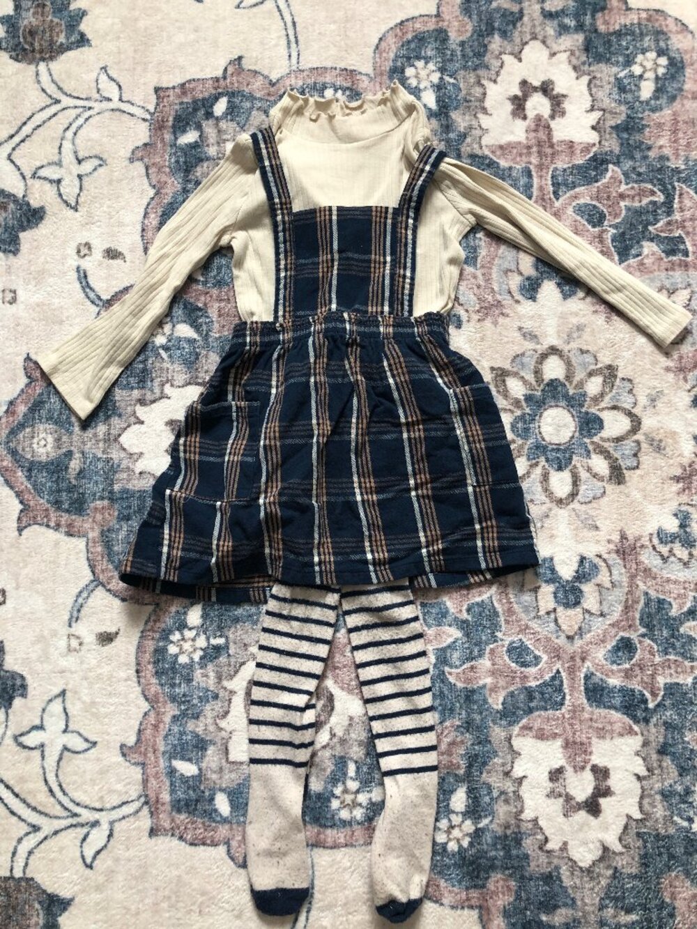 Girls Blue/White Plaid Overall Dress + Long Sleeve  + Tights size 4T